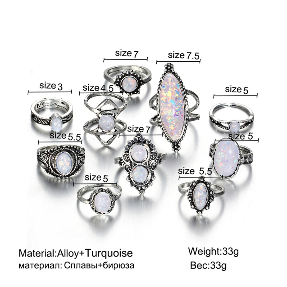 RS9| 10PCS Boho Silver Toned White Stone Ring Set - Picture 2 of 3